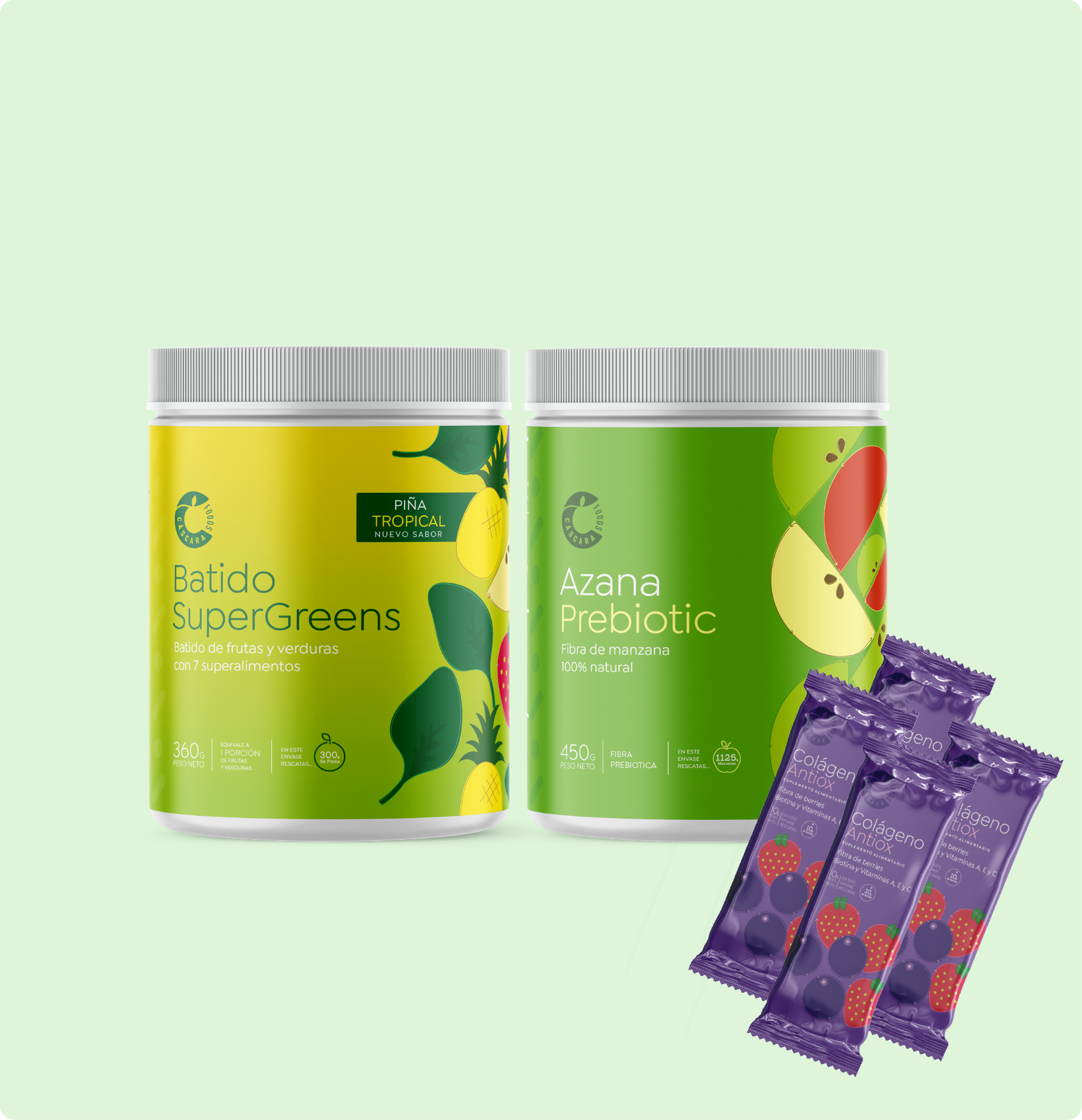 Pack Jose: 1 Batido Supergreens Piña + 1 Azana Prebiotic + 4 Sachets Colágeno Antiox