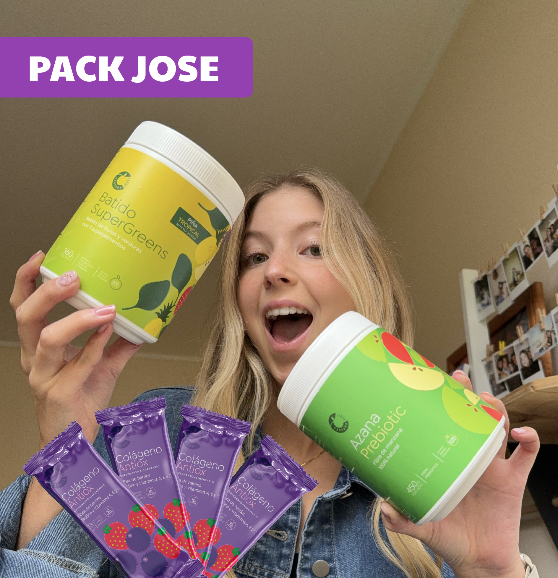 Pack Jose: 1 Batido Supergreens Piña + 1 Azana Prebiotic + 4 Sachets Colágeno Antiox