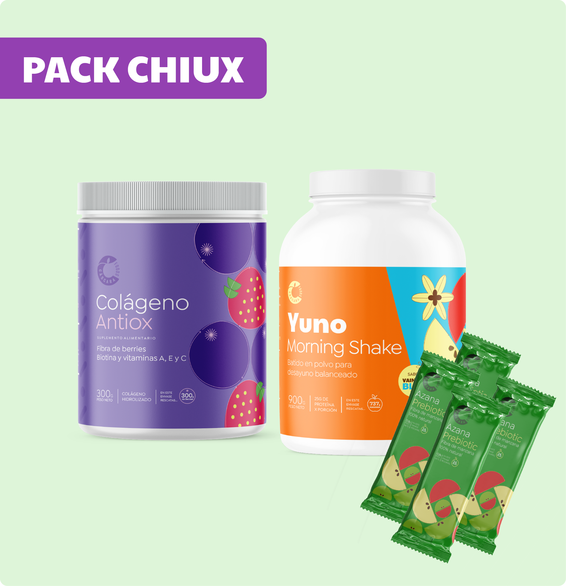 Pack Chiux: 1 Colágeno Antiox + 1 Yuno Morning Shake Vainilla Blizz + 4 Sachet de Azana Prebiotic