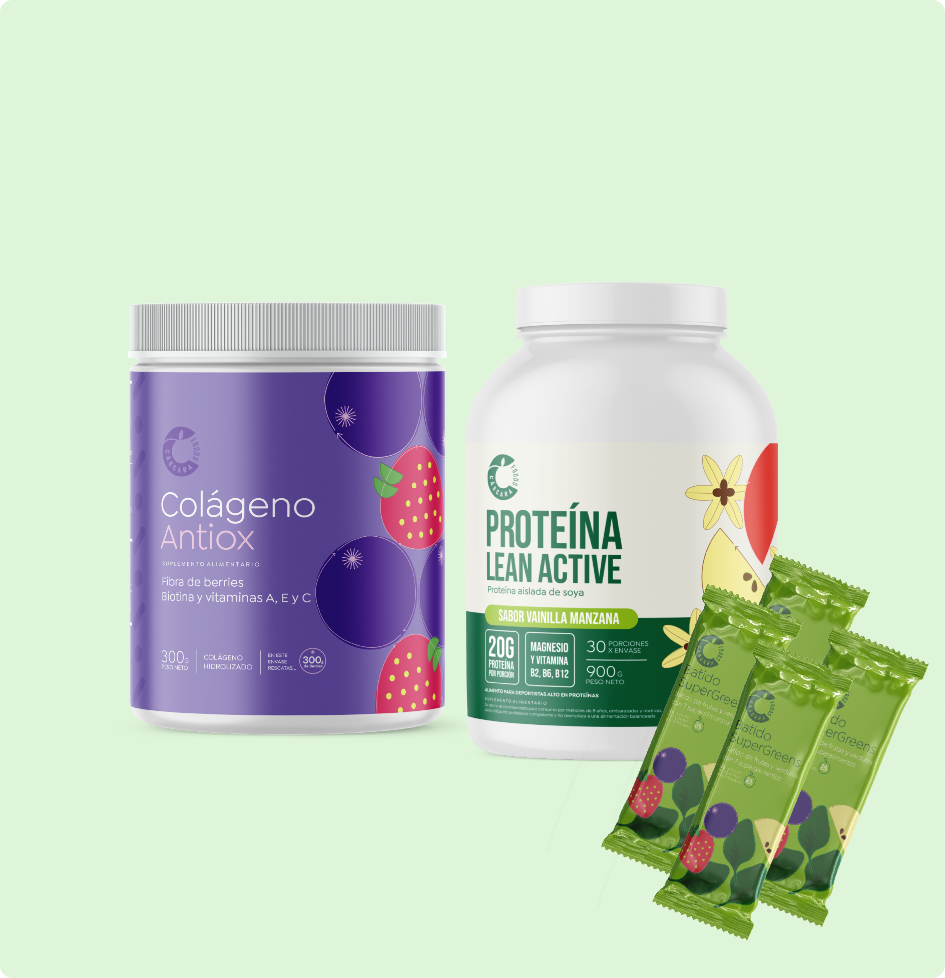 Pack HEALTHYDANI: 1 Colágeno Antiox + 1 Proteína Lean Active vainilla manzana + 4 Sachets de Supergreens original