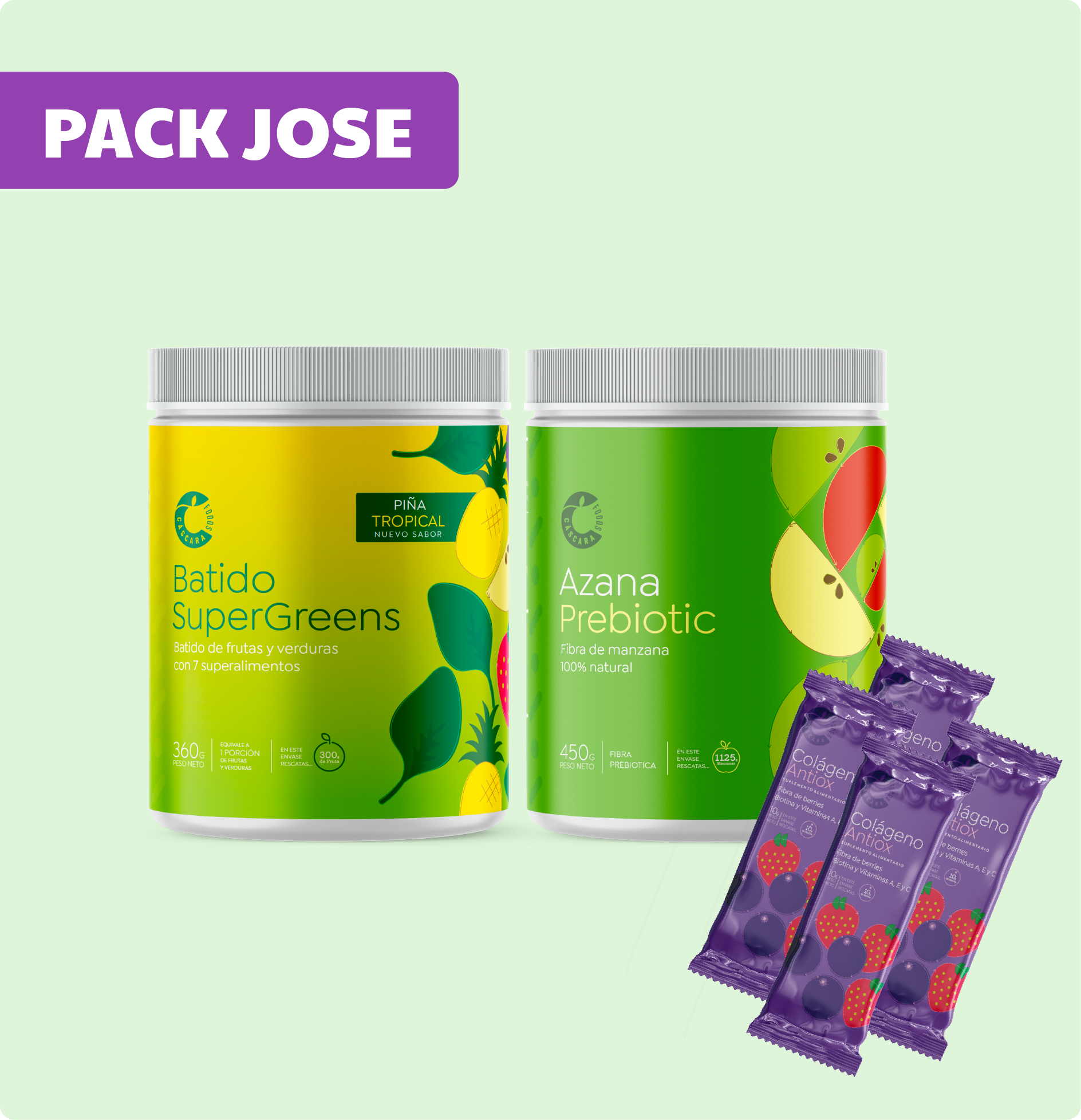 Pack Jose: 1 Batido Supergreens Piña + 1 Azana Prebiotic + 4 Sachets Colágeno Antiox